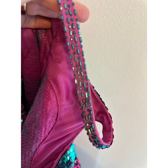Vintage 80’s Nadine Teal & Hot Pink Beaded Sequin Mini Party Dress Size Small - Picture 6 of 9